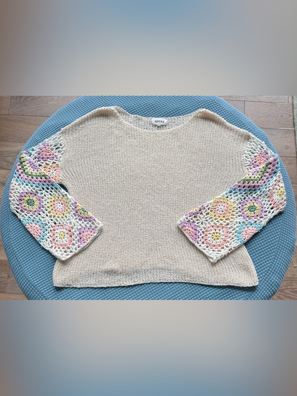 ADORA Women's Beige Knit Sweater with Crochet Sleeve size medium